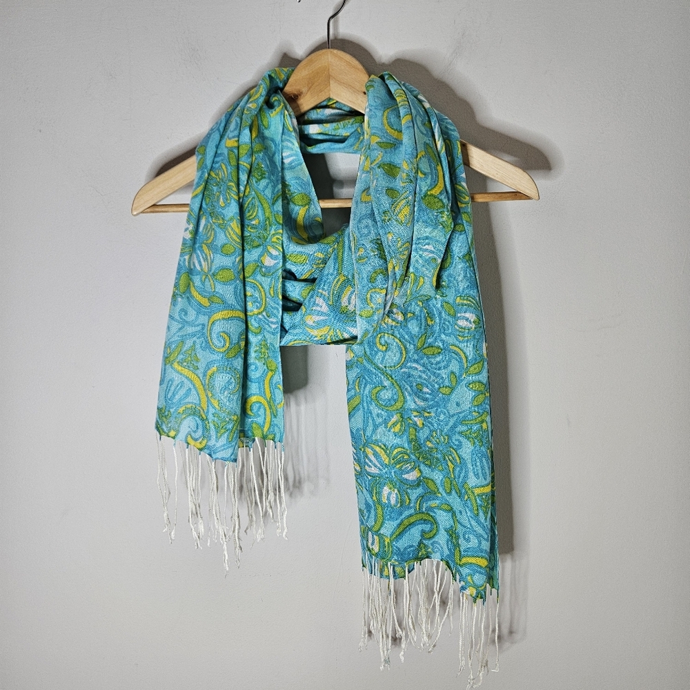 Lilly Pulitzer Murfee Tri Delta Scarf Silk Cashmere Green Blue Yellow Fringe - Picture 3 of 4